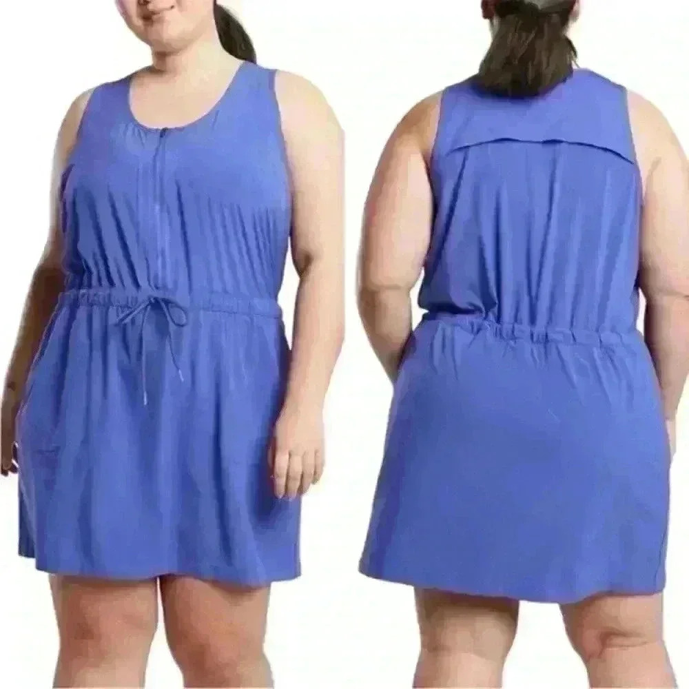Athleta Sleeveless Blue Drawstring Waist Dress